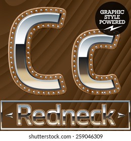 Vector set of silver country style font with wooden rivet border. Letter C