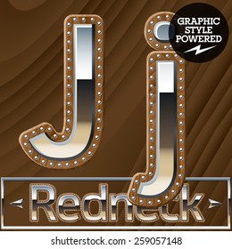 Vector set of silver country style font with wooden rivet border. Letter J