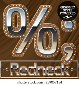 Vector set of silver country style font with wooden rivet border. Symbols 4
