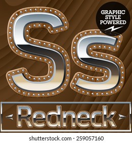 Vector set of silver country style font with wooden rivet border. Letter S