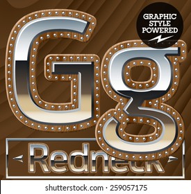 Vector set of silver country style font with wooden rivet border. Letter G
