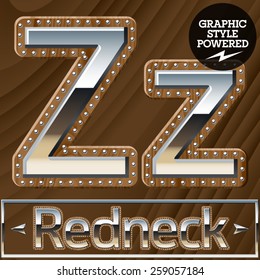 Vector set of silver country style font with wooden rivet border. Letter Z