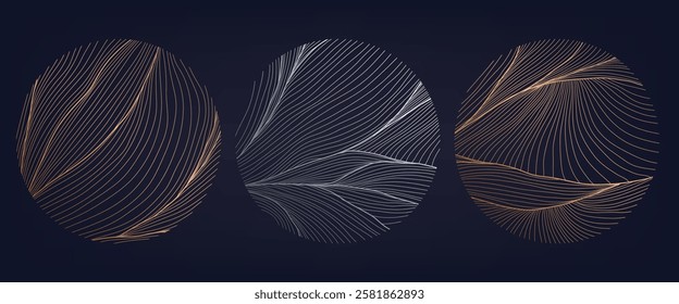 Vector set of silver and gold line organic circles, abstract wave logos. Sea, spa, ocean nature emblems, yoga, wellness luxury background, round signs texture
