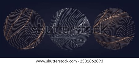 Vector set of silver and gold line organic circles, abstract wave logos. Sea, spa, ocean nature emblems, yoga, wellness luxury background, round signs texture
