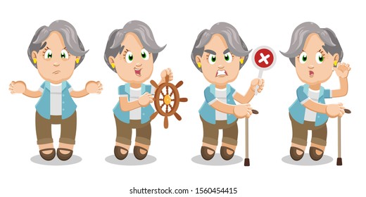 Vector set with silver haired aged woman in different poses. Elderly cute lady standing with steering wheel, putting hand to ear to hear better, making helpless gesture, keeping prohibition sign.