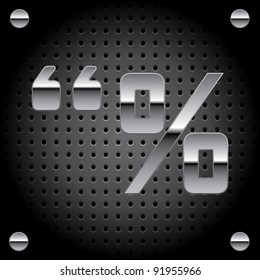 Vector set of silver metal font on metallic perforated background - symbol set #3 (quotation marks, percent)