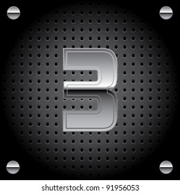 Vector set of silver metal font on metallic perforated background - number three - 3