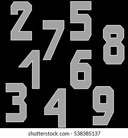 Vector set of silver numbers. Authors font in strict style. Angular outlines. On a black background.
