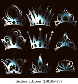 Vector set of silver silhouette of crowns and tiaras on dark background. Rich collection of metal mediaeval wreath and crowns of kings and queens. Luxury accessories for icons