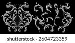 Vector set of silver vintage floral elements. Luxury metal collection of floral flourish isolated from black background. Gothic filigree floral cliparts for cards and stickers