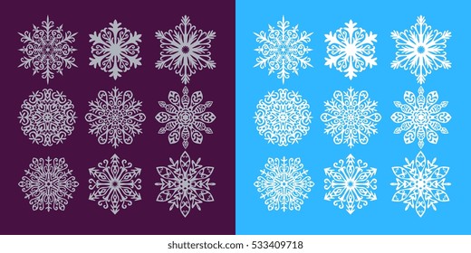 Vector set of silver and white snowflakes on dark purple and blue background. 