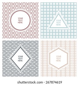 Vector set of simple abstract frame and seamless pattern. Line badges and labels background with place for text.