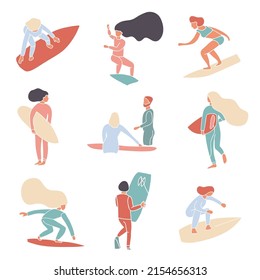 Vector set of simple abstract surfers faceless silhouettes. Surfing school logo banner. Girls and boys are surfing. Wave riders vector illustration