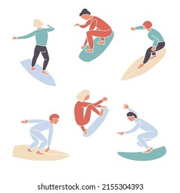 Vector set of simple abstract surfers faceless silhouettes. Surfing school logo banner. Surfing people. Wave riders vector illustration