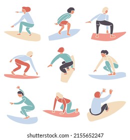 Vector set of simple abstract surfers, wave riders faceless silhouettes. Surfing school logo banner. Girls and boys are surfing vector illustration