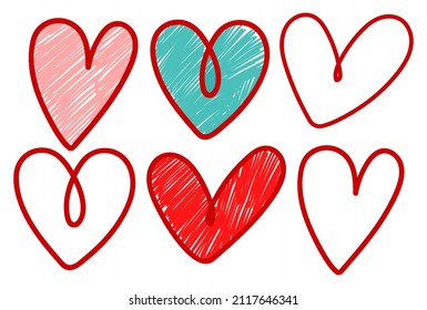 Vector set of simple asymmetrical line art Hearts. Simply colored Romantic Hearts. VDay doodle collection. Contour illustration, colored with scribbles. St. Valentine's day graphic. Love symbols