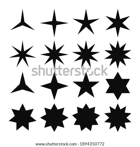 Vector set of simple black stars symbols. From three point to eight point stars icon collection