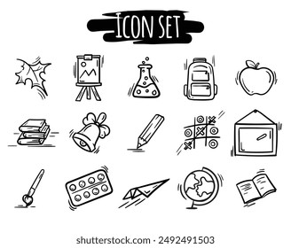 Vector set of simple black and white icons related to autumn, school, learning. Signs and symbols drawn by hand. Pictograms for decoration, design, website, application