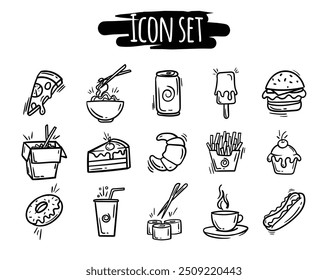 Vector set of simple black and white street food icons. Hand drawn signs and symbols of fast food, Chinese food, drinks, sweets. Design elements for the design of a menu, website, printing, print