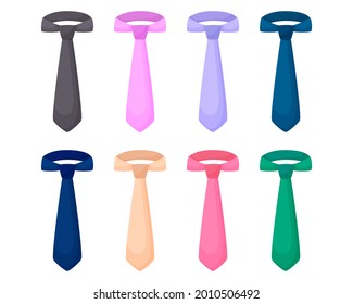 Vector set of simple bright ties. Collection of colored ties in cartoon style. Isolated on white background. Elements of men's wardrobe
