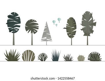 Vector set of simple cartoon trees, bushes and nature elements for illustrations