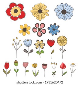 Vector set of simple, cute isolated flowers on white background. For invitations, greeting cards, template for decorative stickers, banner, decoration design, print, design of page site, badges.
