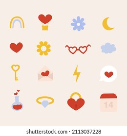 Vector set of simple cute love elements in the shape of a heart