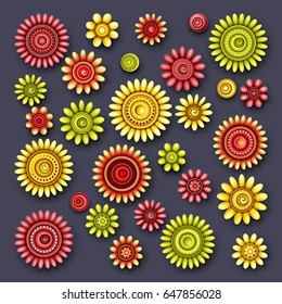 Vector Set of Simple Decorative Flowers. Red, Yellow, Pink and Green Colors. Doodle Style Ornament