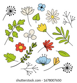 Vector set of simple doodle style flowers. Collection of hand drawn doodles  for design or clipart. Cute illustration elements. 