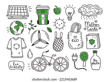 Vector set of simple ecology doodles. Alternative energy, nature protection, water and air pollution, trash recycle, green technology illustrated in child sketch style. Cute outline eco drawings 