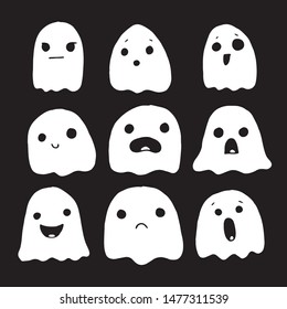 Vector set of simple flat ghosts. Halloween scary ghostly monsters. Cute cartoon spooky character. 