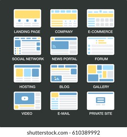 Vector set of simple flat website templates icons. 12 types of sites. Landing page, company site, e-commerce store, forum, social network, gallery, hosting, blog, news portal.