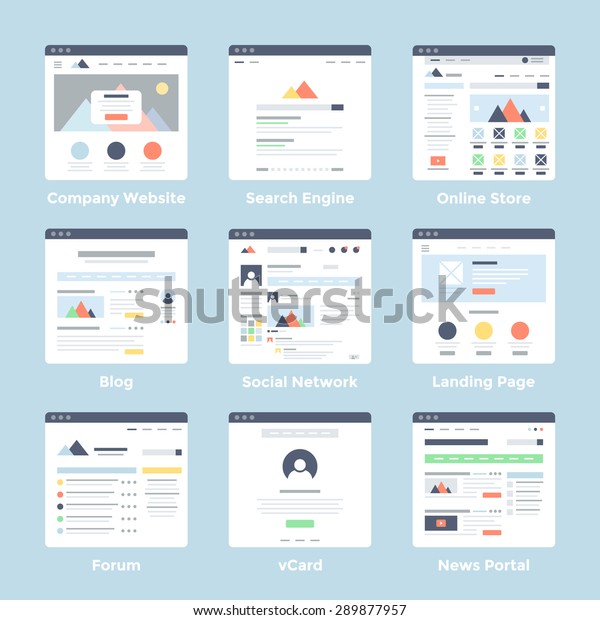Vector set of simple flat website templates\
icons on blue\
background