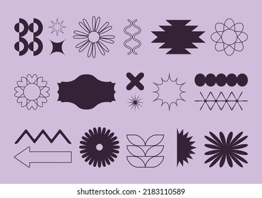 Vector set of simple geometric design elements in minimalist style. Patches, arrows, stickers, icons, symbols, badges template for branding, social media, artisan product, print, packaging, logo