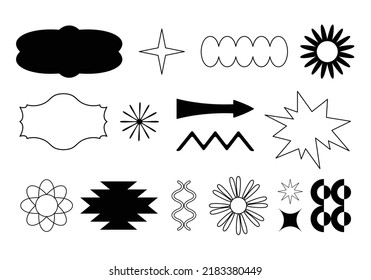 Vector set of simple geometric design elements in minimalist style. Patches, arrows, stickers, icons, symbols, badges template for branding, social media, artisan product, print, packaging, logo