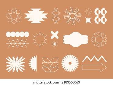 Vector set of simple geometric design elements in minimalist style. Patches, arrows, stickers, icons, symbols, badges template for branding, social media, artisan product, print, packaging, logo