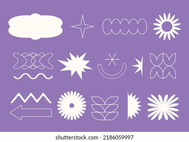 Vector set of simple geometric design elements in minimalist style. Patches, arrows, stickers, icons, symbols, badges template for branding, social media, artisan product, print, packaging, logo