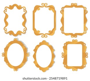 Vector set of simple golden emply vintage cartoon picture frames isolated on white.