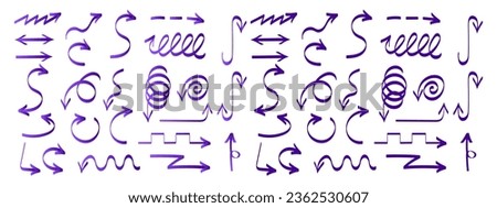 Vector set of simple gradient and purple arrows on a white isolated background. A collection of hand drawn signs. Icons or marks.