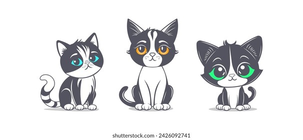 Vector set of simple graphic black and white cute kind cartoon kittens with colored eyes. Pet stickers. Sitting cats. Isolated background.