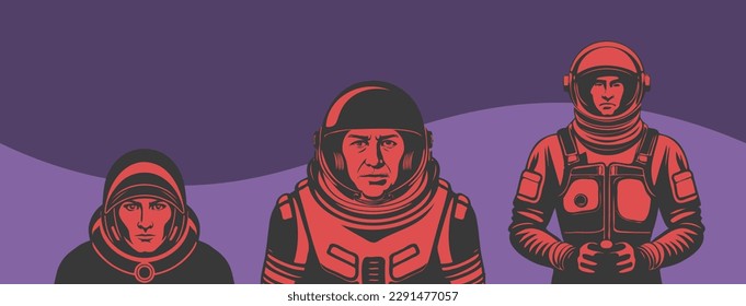 Vector set of simple graphic black-red astronauts in spacesuits. Open helmet. Space stickers or icons.