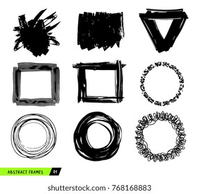 Vector set of simple graphic design elements rectangle and circle isolated on white background. Collection of different black hand drawn scribble. Different brush types of circle frames, decor border