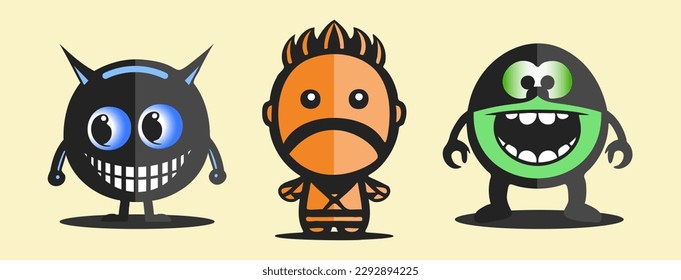 Vector set of simple graphic little funny smiling and sad monsters. Light background.