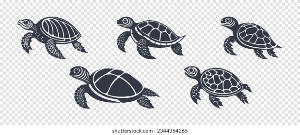 Vector set of simple graphic monochrome turtle icons. Stickers. Reptiles. Isolated background.