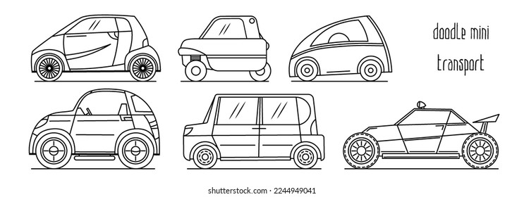 Vector set of simple hand drawn doodle mini vehicles. Contour simple runabouts on a white background. Small urban transport.