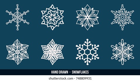 Vector set of simple hand drawn snowflakes.