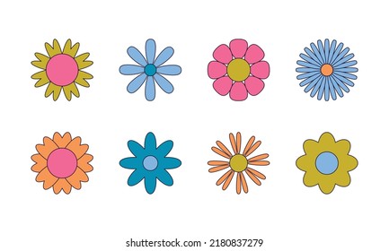 Vector set of simple hippie style boho flower icons, symbols. Abstract design element templates in modern minimalist style for branding, social media, artisan product, print, packaging, logo, sticker