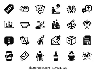 Vector Set of simple icons related to Tea cup, Megaphone box and Scotch bottle icons. Phone messages, Hold box and Cappuccino signs. Survey results, Technical algorithm and Victory. E-mail. Vector