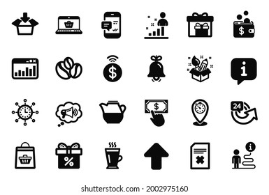 Vector Set of simple icons related to Contactless payment, Discount offer and Get box icons. Latte, Online buying and Delete file signs. Online shopping, Milk jug and Delivery boxes. Timer. Vector