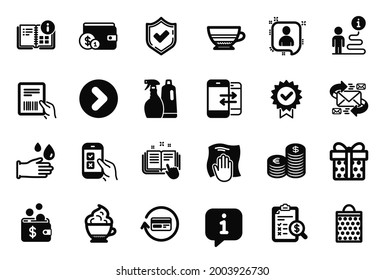 Conjunto vectorial de iconos simples relacionados con la documentación técnica, el paño de lavado y los iconos de la bolsa de compras. Comunicación telefónica, señalización de avance y moneda. Burbuja de información, camino de viaje. Vector